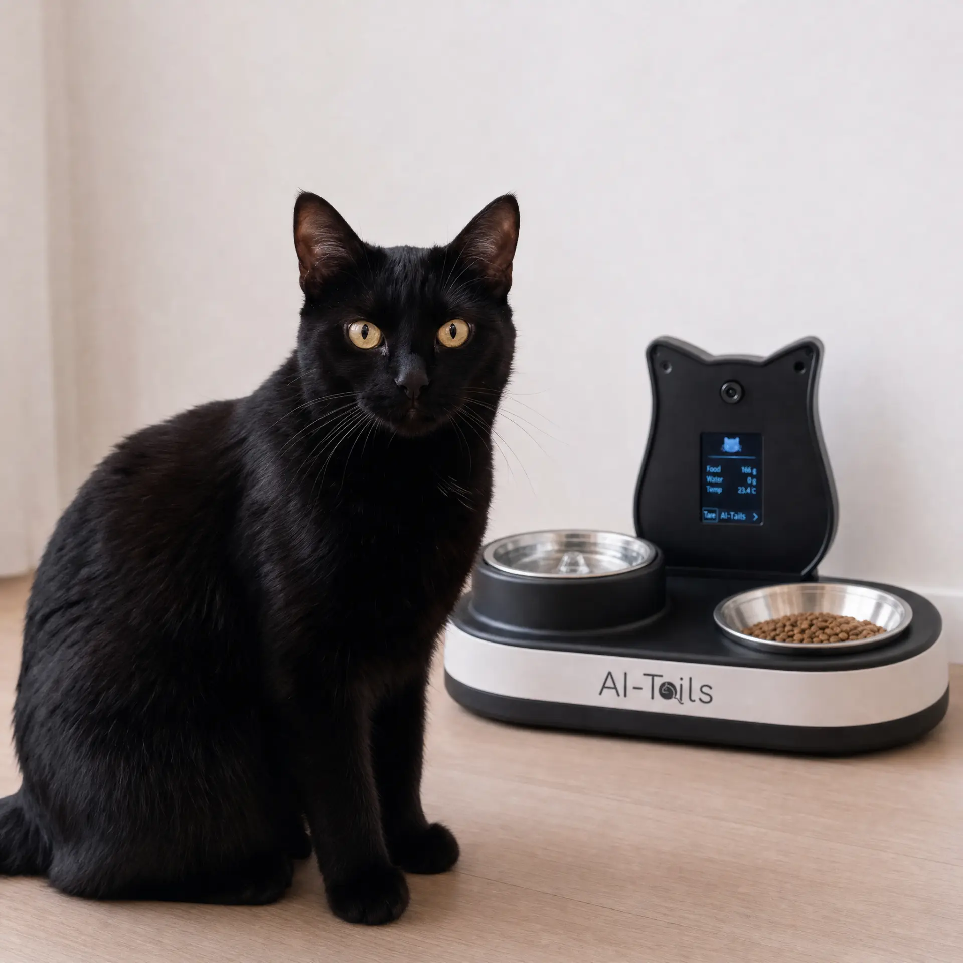 A black cat sitting beside the complete AI-Tails One station at home