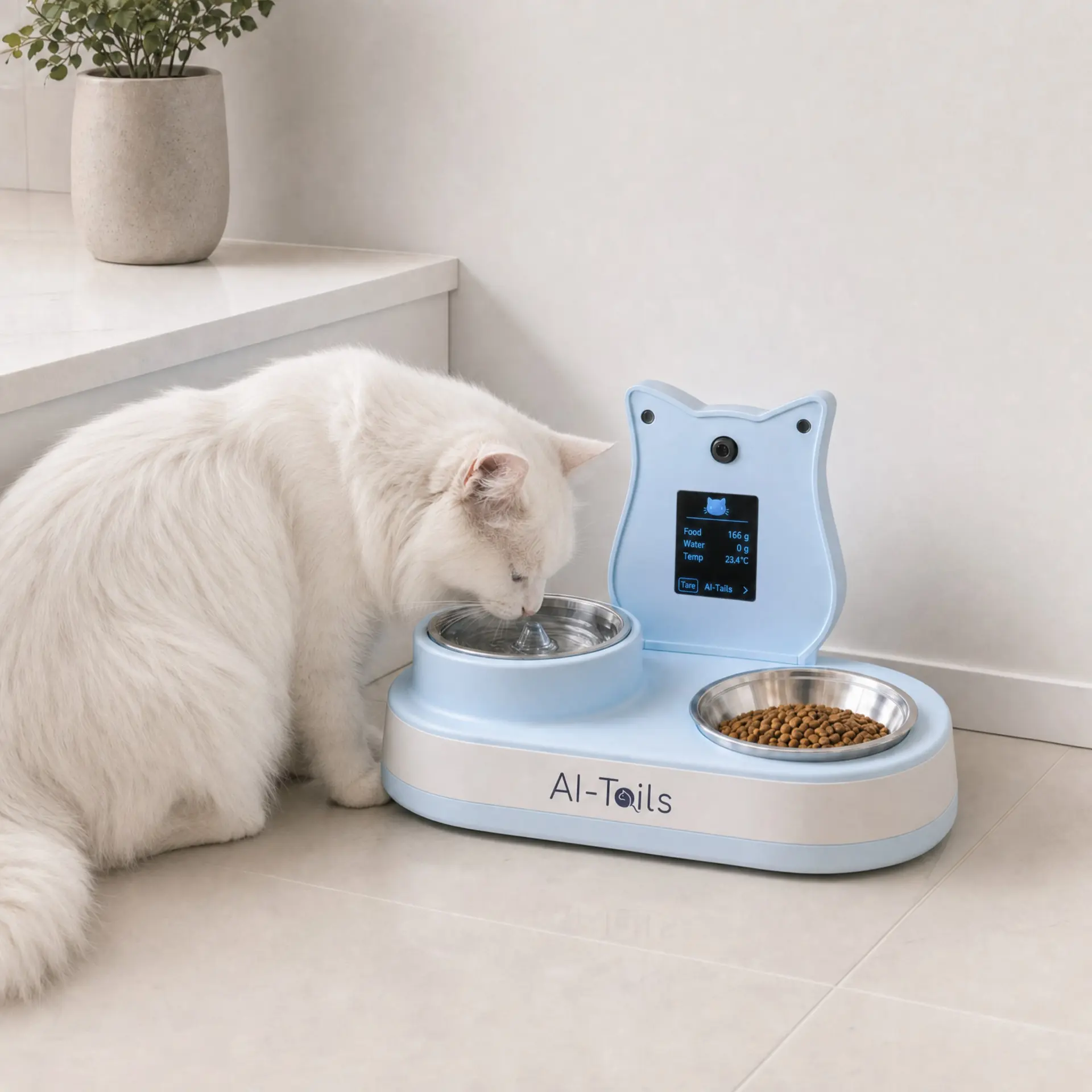 Un gatto che si avvicina ad AI-Tails One a casa